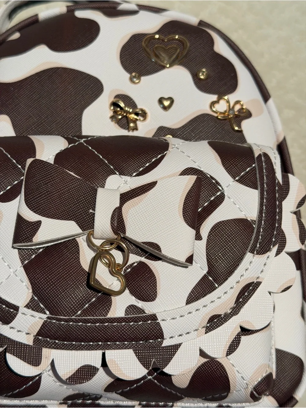 Mini Backpack Brown & White with Heart  charm and Gold Accents by Undetonesky